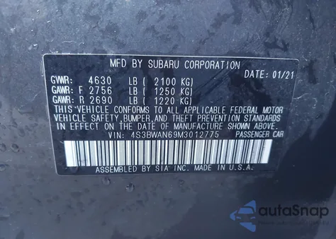 2021 Subaru Legacy Limited из США, поврежденный, VIN 4S3BWAN69M3012775